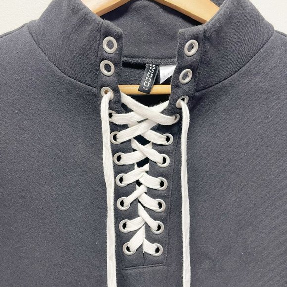 DIVIDED Black Cropped Lace Up Mock Neck Pullover Sweater Shoelace size S - Picture 3 of 9